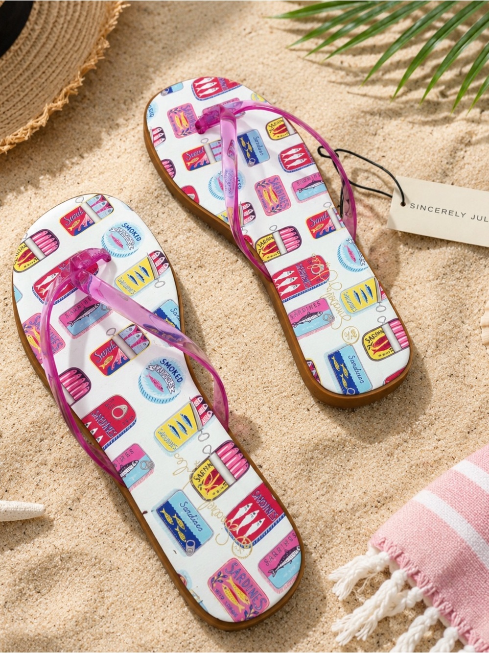 Sardines Tins Print Jelly Flip Flops Pink Size 8.5 Coastal Summer.